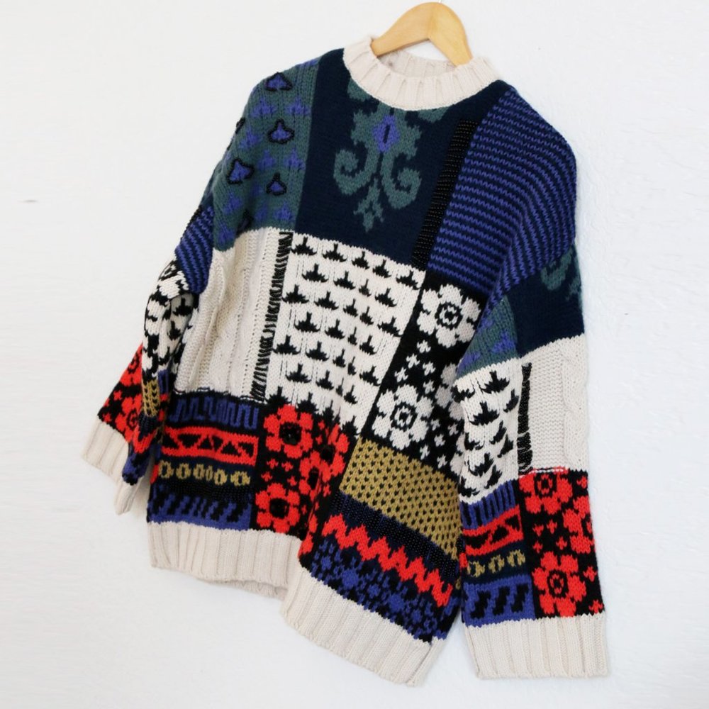 NEW Zara Patchwork Wool Blend Beaded Applique Oversize Limited Edition Sweater M - Picture 13 of 16